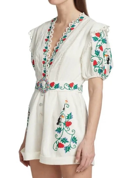 FARM Rio Pants - FARM Rio White Embroidered Puff-Sleeve Romper with Multicolor Floral Motif